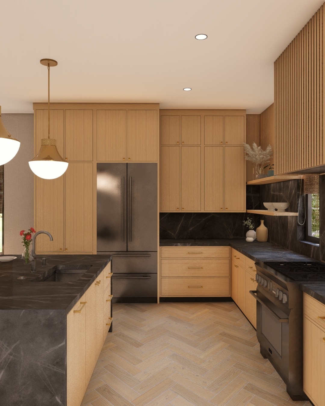 Modern kitchen featuring natural wood cabinets, black countertops, and sleek appliances. Pendant lights add warmth to the contemporary design.