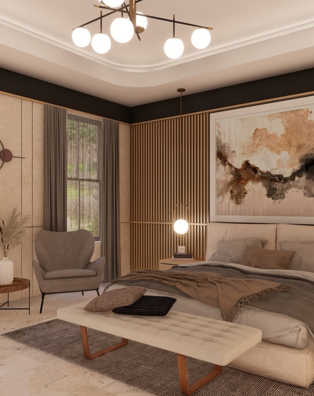 Stylish modern bedroom featuring a plush bed, accent chair, and artwork. Natural light filters through curtains, enhancing the cozy atmosphere.