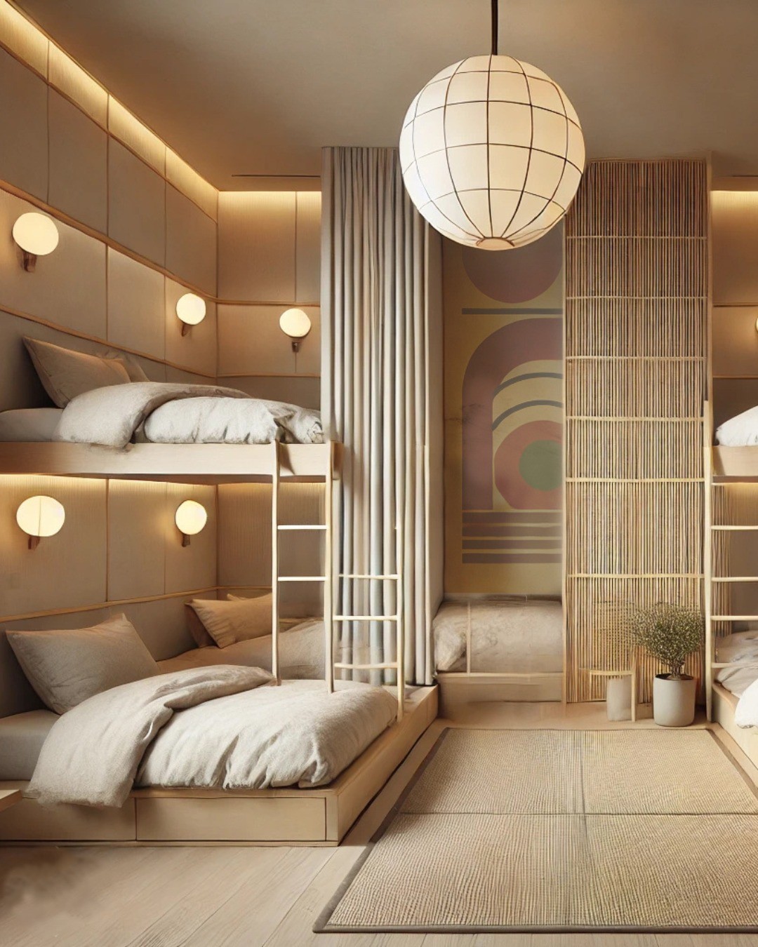 Cozy modern bedroom featuring bunk beds, warm lighting, and minimalist decor. Soft textiles and a decorative wall enhance the inviting atmosphere.