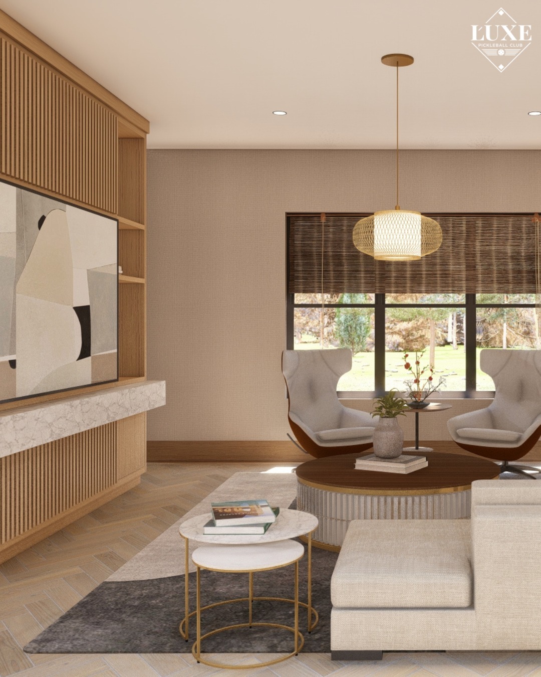 A modern living room featuring elegant furniture, natural light from large windows, and contemporary artwork. Ideal for showcasing interior design.