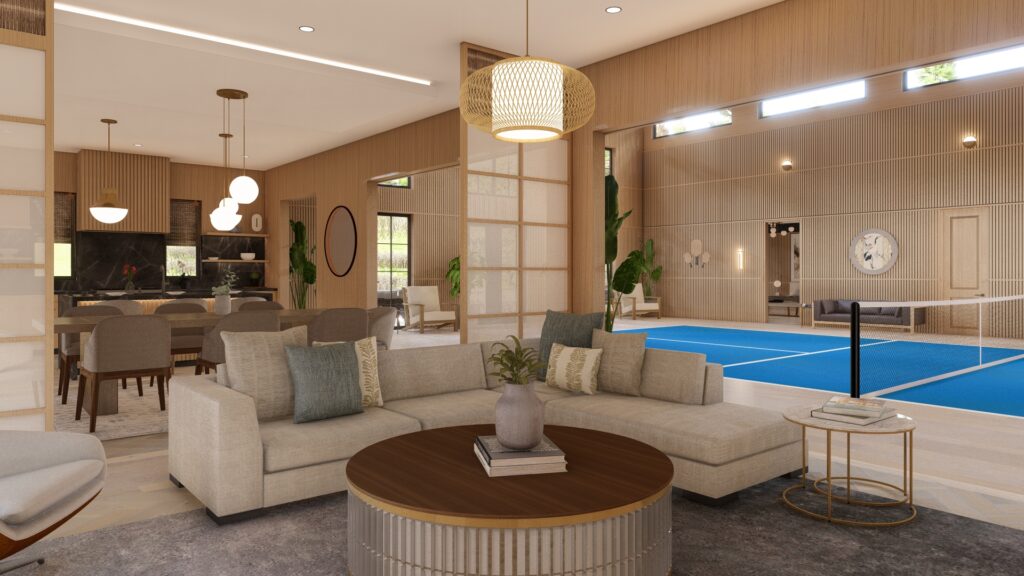 Modern living space featuring a stylish seating area, dining area, and a view of an indoor tennis court. Warm wood tones and contemporary decor create an inviting atmosphere.